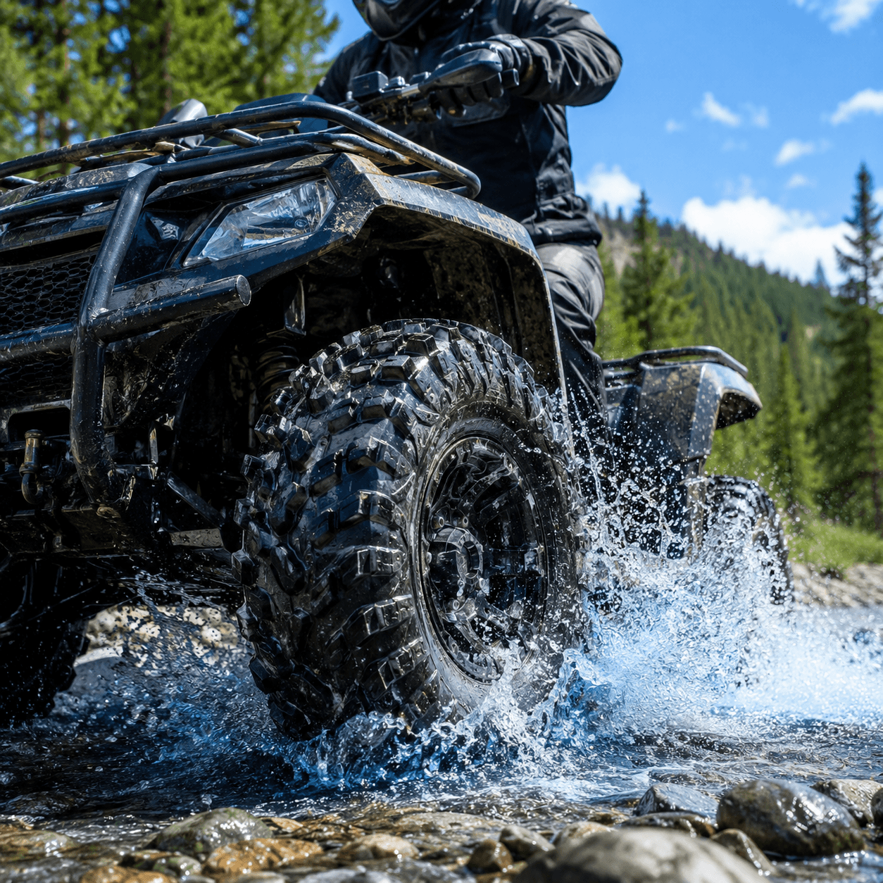 ATV crossing a river, close-up of mud tire and wheel